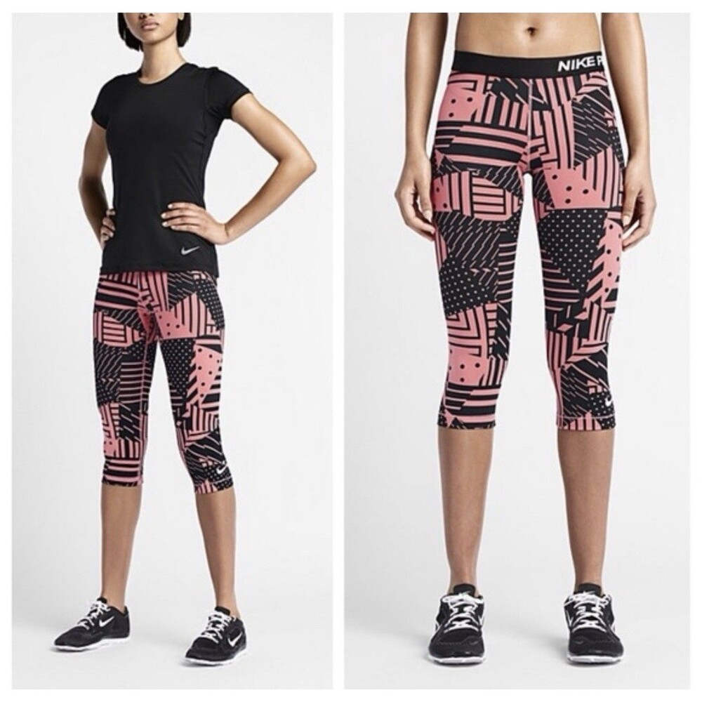 Nike Pro Women Pink Black Patchwork Geometric Print Training Capris Medium